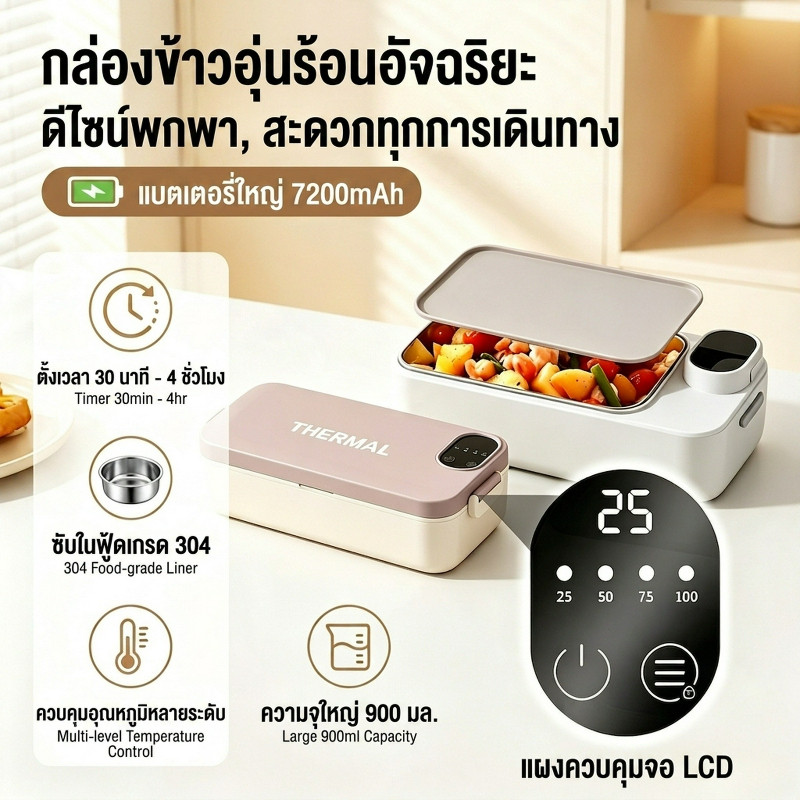 🇹🇭ส่งจากไทย🇹🇭 กล่องข้าวอุ่นไฟฟ้า 900ML สแตนเลส 304 แบตเตอรี่ 7200mAh ตั้งเวลาอัจฉริยะ ปรับอุณหภูมิ ชาร์จ USB พกพา สำหรับสำนักงาน