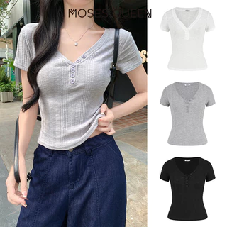MOSESQUEEN โมเสส ราชินี โดปามีน เสื้อยืดคอวีแขนสั้นผ้าถักสําหรับผู้หญิงในฤดูร้อนรูปแบบใหม่สลิมฟิตทําให้แบน ๆ มีกระดุมดีไซน์อเนกประสงค์และด้านบนมีสไตล #63902