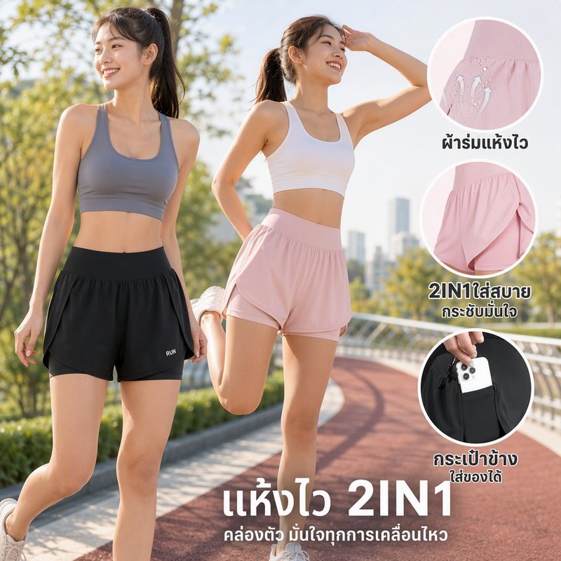 กางเกงวิ่ง 2in1 กางเกงขาสั้นกีฬา ผ้าแห้งไว ระบายอากาศ มีกระเป๋าโทรศัพท์ เอวสูง ไซส์ M 4XL