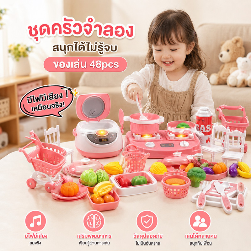 ของเล่นชุดครัวเด็ก ครัวของเล่นมินิ ชุดเครื่องครัว 37 40 44 48 ชิ้น มีไฟมีเสียง เสริมพัฒนาการ