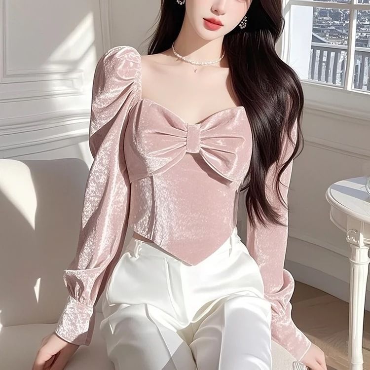 【ks0746.th】 粉色高级感蝴蝶结金丝绒长袖衬衫女春季设计感独特超好看漂亮上衣Pink High-grade Bow Velvet Long-sleeved Shir 【0816xLbw86Y8