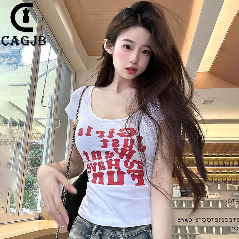 [CAGJB] ฤดูร้อนอเมริกันแฟชั่นพิมพ์ตัวอักษร U คอสั้นเอวเสื้อยืด Slim สําหรับผู้หญิง UOM