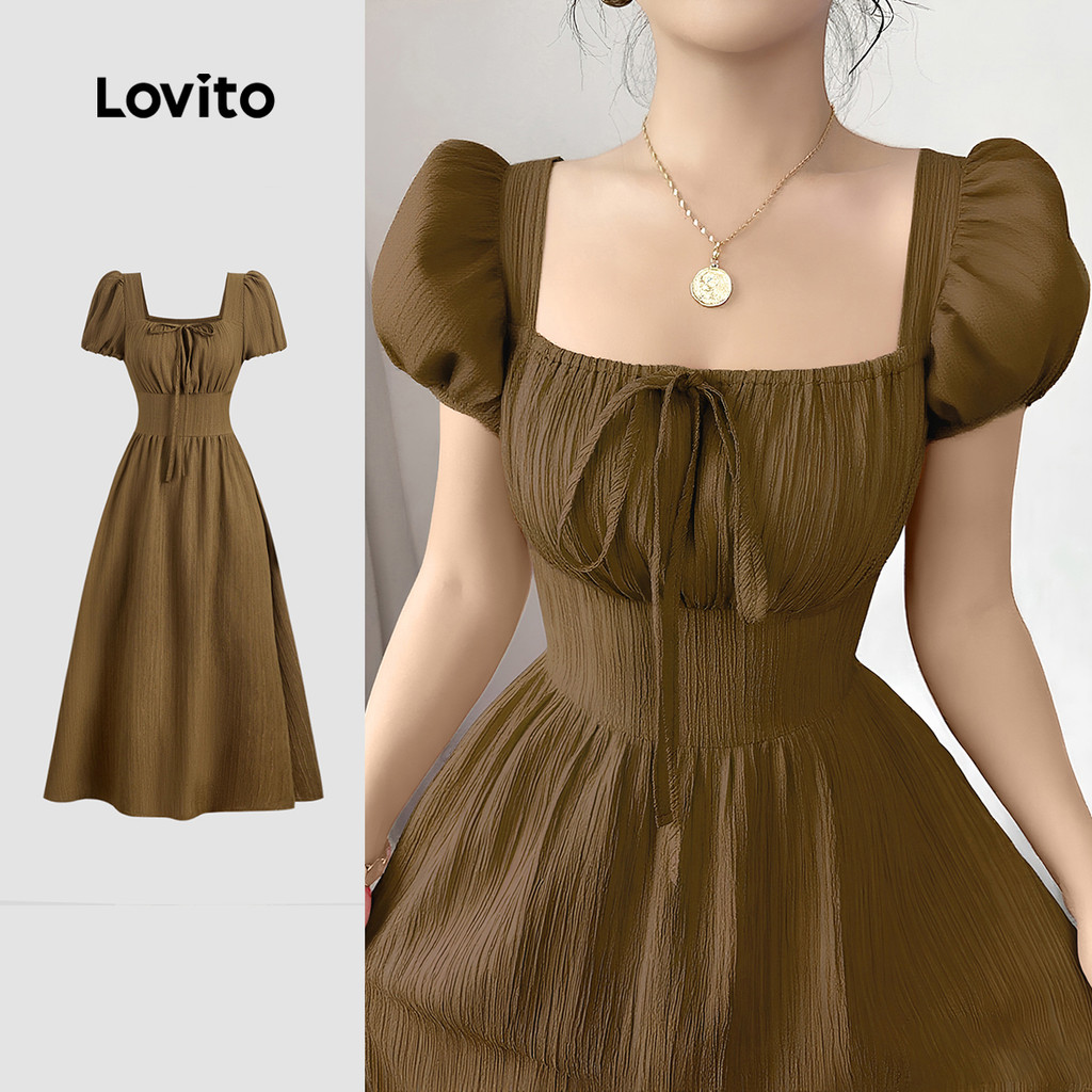Lovito สง่างาม เดรสสำหรับวันหยุดพักผ่อน มีซิป สีน้ำตาล สำหรับผู้หญิง เหมาะสำหรับฤดูใบไม้ผลิ/ฤดูร้อน L154LD221