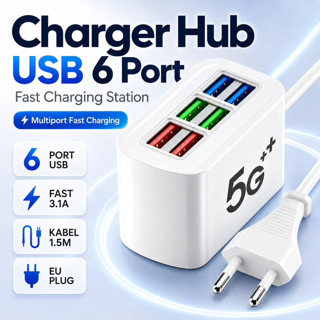 Charger Hub USB Station 6 พอร์ต Multiport Fast Charging 3.1 A Universal สมาร์ทโฟน EU Plug Wall Charg
