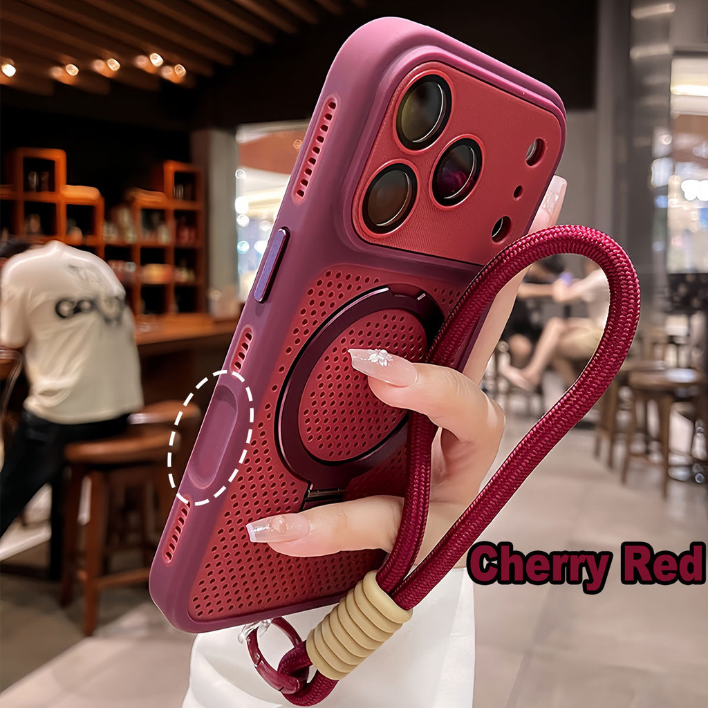 Cherry Red Hollowed-out การกระจายความร้อนแม่เหล็กขาตั้งโทรศัพท์เลนส์ฟิล์มสําหรับiPhone 12 13 14 15 16 17 Pro Max 14PROMAX Enclosedกันกระแทกปกหลัง