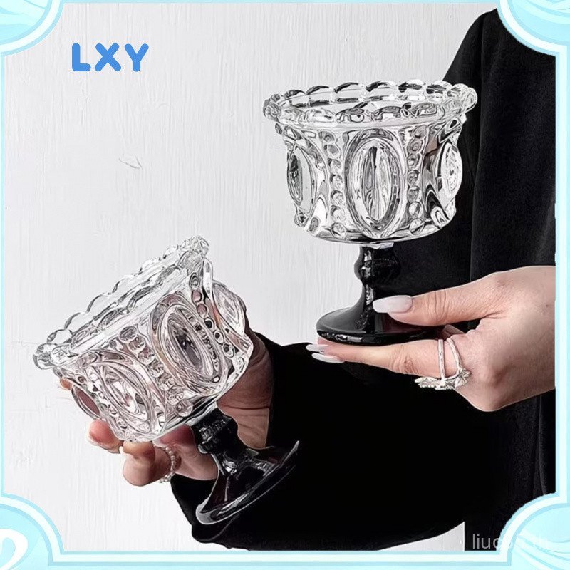 LXY French Retro Goblet นูนแก้วแชมเปญสีดําคริสตัลขนาดเล็ก Ice Cream Glass Goblet, แก้วไวน์, Goblet, 