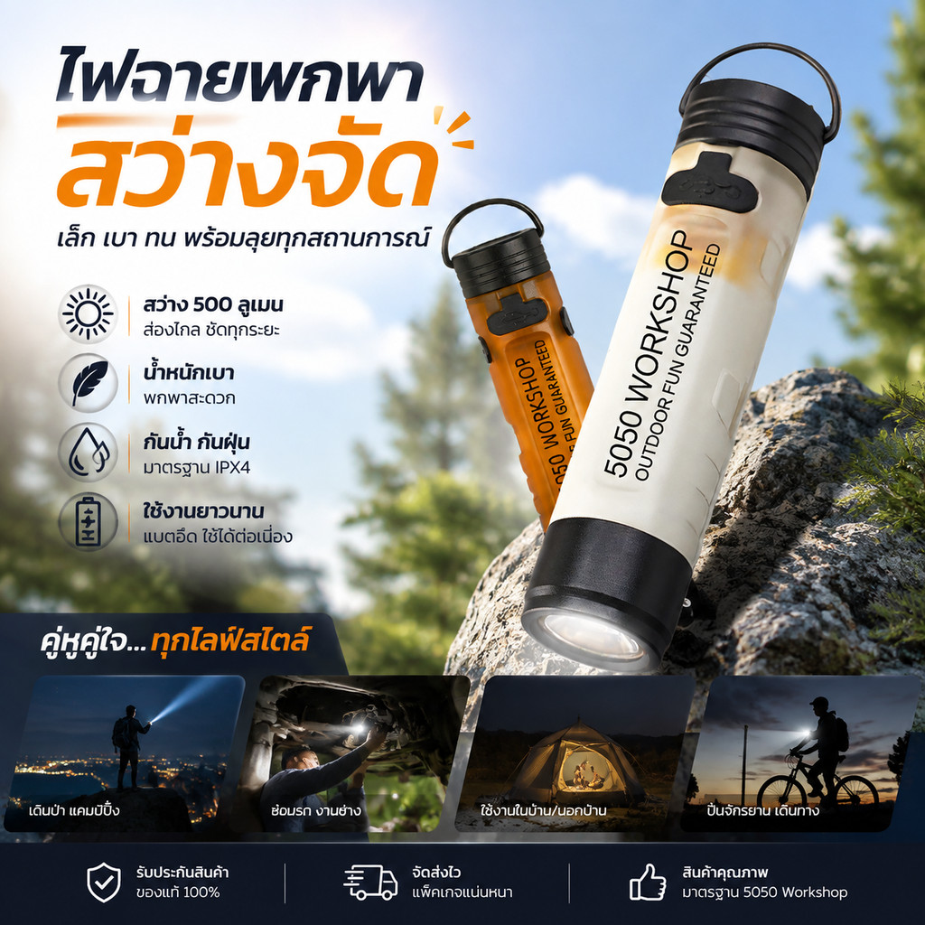 ไฟฉายพกพาสำหรับแคมป์ปิ้ง ไฟฉาย LED แบบชาร์จได้ ขนาดกะทัดรัด แสงแรง กันน้ำ ใช้งานสะดวก
