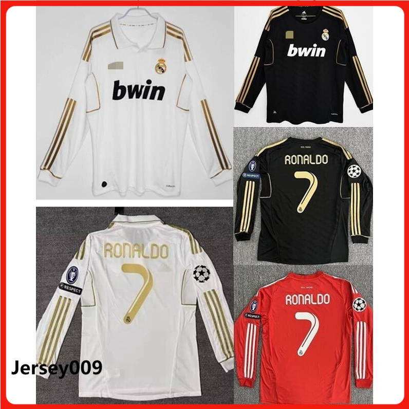 ใหม่ 2011 2012 Madrid Jersey Away แขนยาว Retro Soccer Jersey ฟุตบอลจริง Vintage CR7 เสื้อ