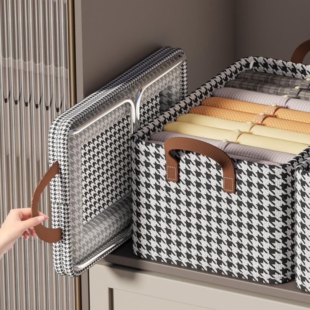 กล่องเก็บเสื้อผ้า Ouchi ลาย Houndstooth พับได้ โครงเหล็กแข็งแรง มีฝาปิด