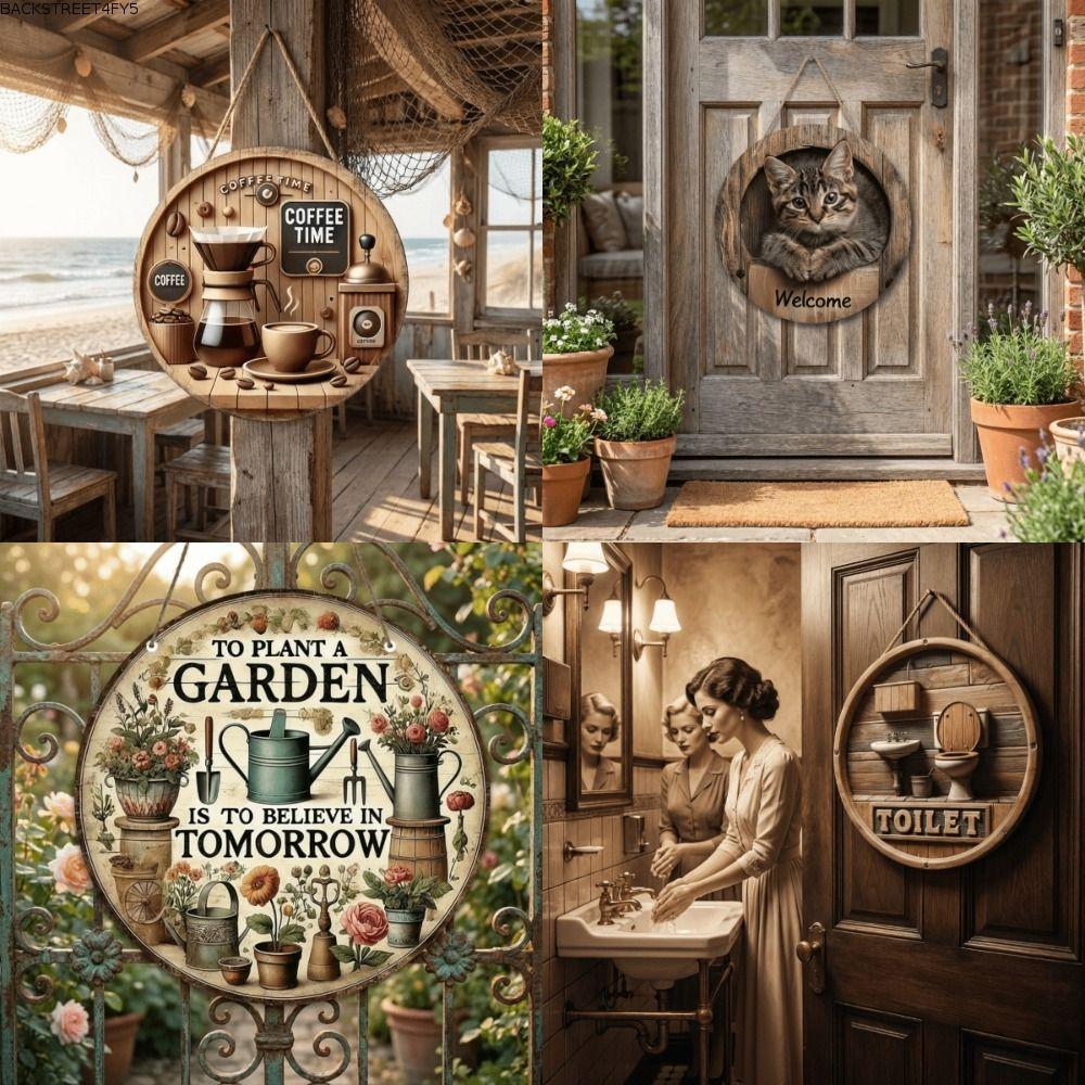 BACKSTAGEEET4FC3 ป้ายไม้แขวน,ป้ายกาแฟทรงกลมมหัศจรรย์,วินเทจ 2D Flat Door Hanging Pendant Cat Welcome Sign ร้านอาหาร