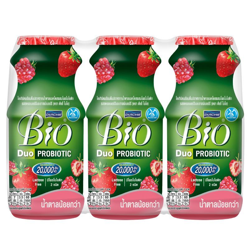 ดัชชี่ไบโอโยเกิร์ตพร้อมดื่มรสสตรอเบอร์รีและราสพ์เบอร์รี 150มล แพค3 DutchieBioStrawberry 150mlX3 [บาร์โค้ด 8851717910906]