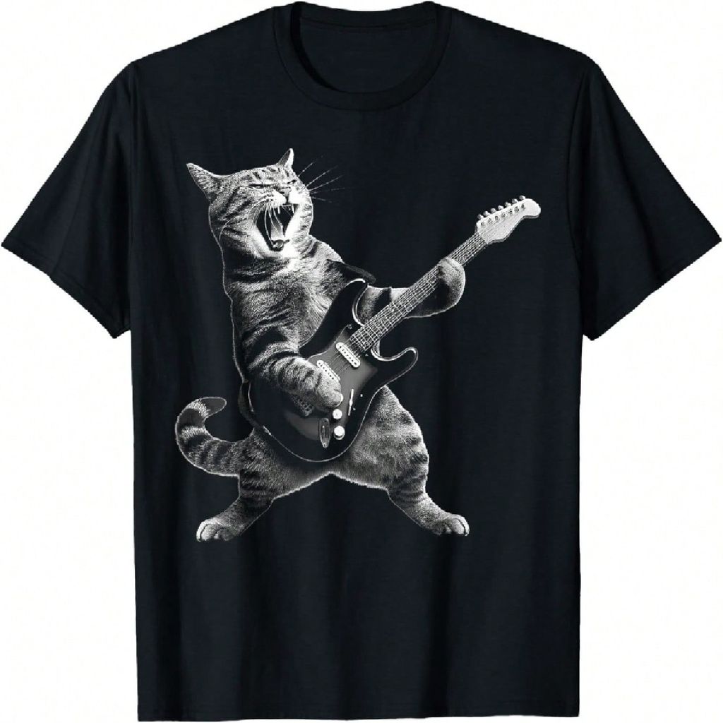 แมวเล่นกีตาร์ Rock And Roll Rock Star สําหรับผู้ชายผู้หญิงเสื้อยืดเด็ก 1