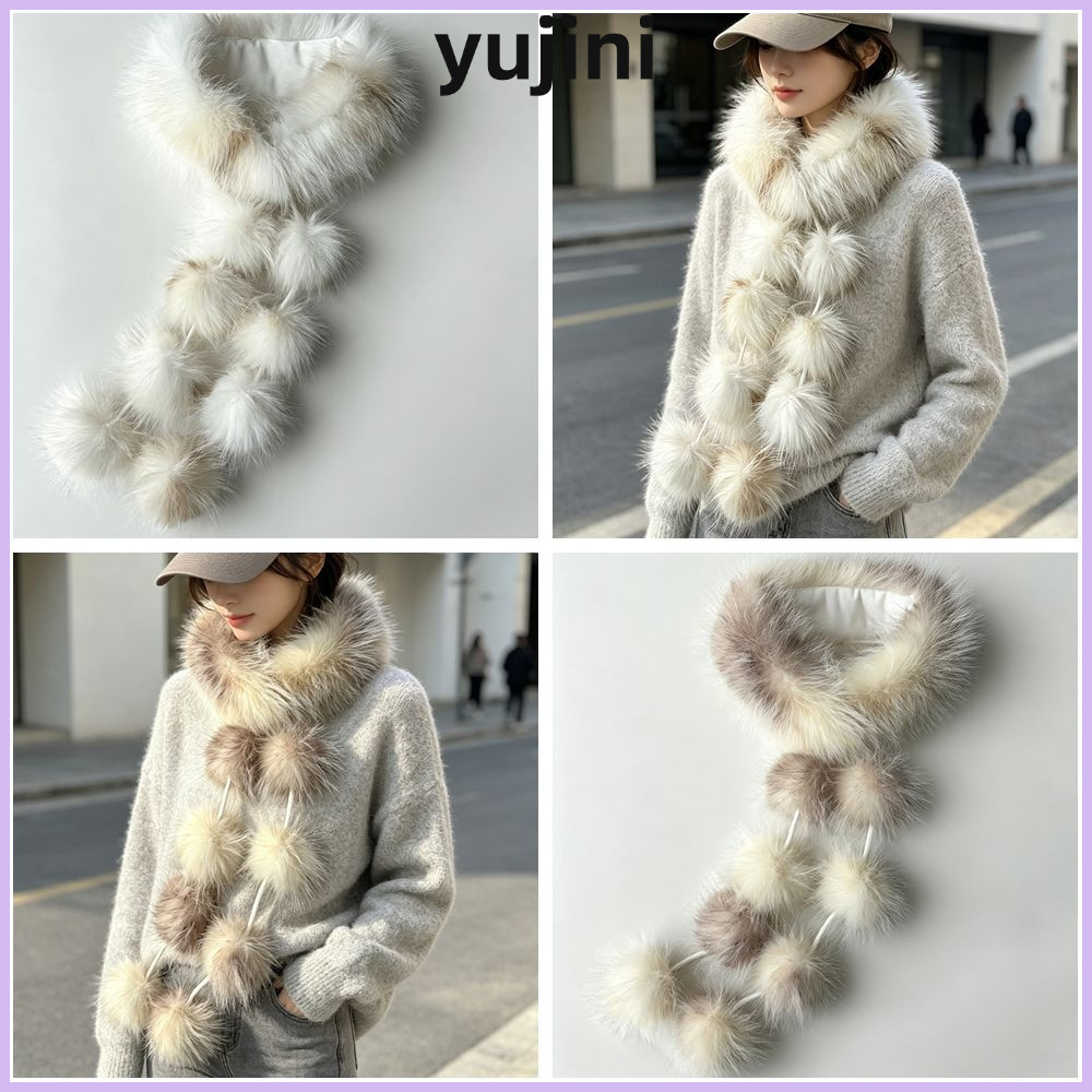 YUJINI Faux Fur ผ้าพันคอ, Faux Fur Soft Plush Texture FUR Collar ผ้าพันคอ, Pom รายละเอียด Fluffy Tri
