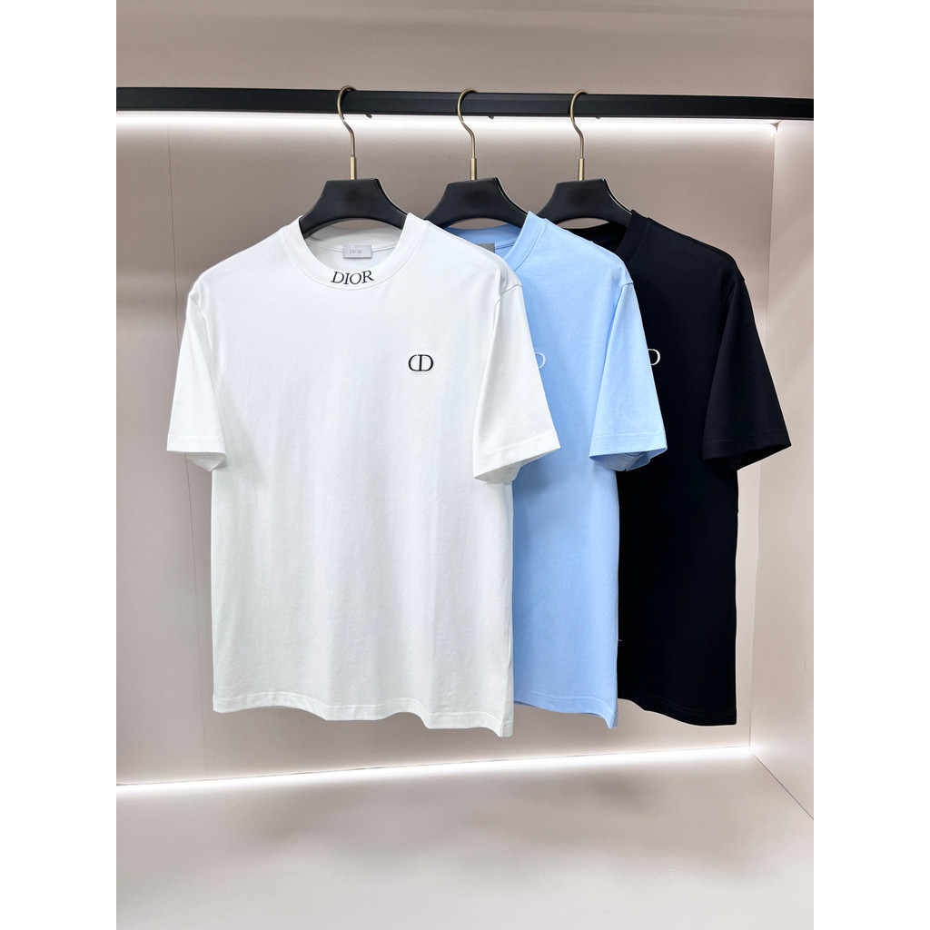 DIOR/DIOR/2026 คลาสสิกรอบคอแขนสั้นเสื้อยืดผู้ชายผู้หญิงสไตล์เคาน์เตอร์สไตล์ Contrast สีด้านในจับคู่ด