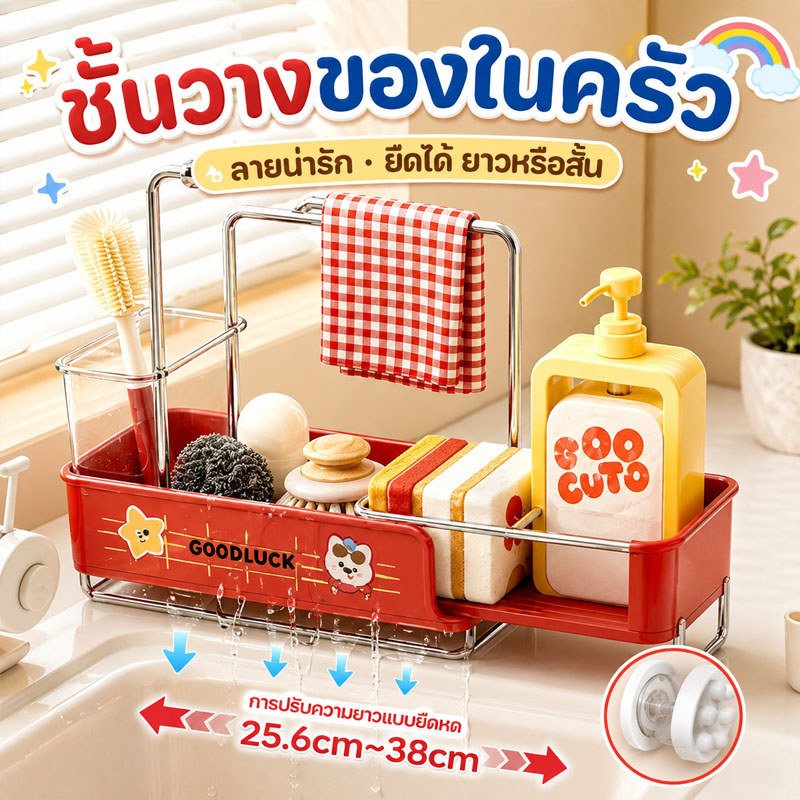 ชั้นวางน้ำในครัว ชั้นวางของอ่างล้างจาน ชั้นวางผ้าเช็ดครัว ความจุขนาดใหญ่ ขยายได้และระบายน้ำได้