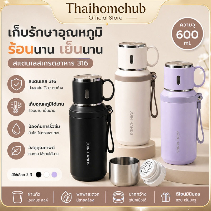 ขวดน้ำสแตนเลส ขนาด 600ML รักษาอุณหภูมิได้ทั้งร้อนและเย็น มีฝาปิดพร้อมซีลซิลิโคน ป้องกันรั่วซึมได้ดี