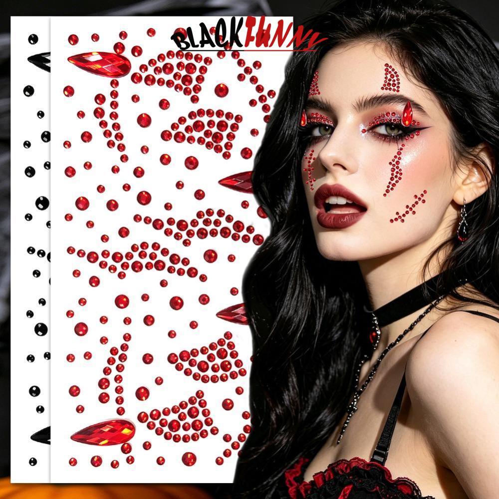 BLACKFUNNY ฮาโลวีน Face Rhinestone สติกเกอร์สีแดงสีดํา Spider Web Cross Scar อัญมณี Decals 3D ประกาย
