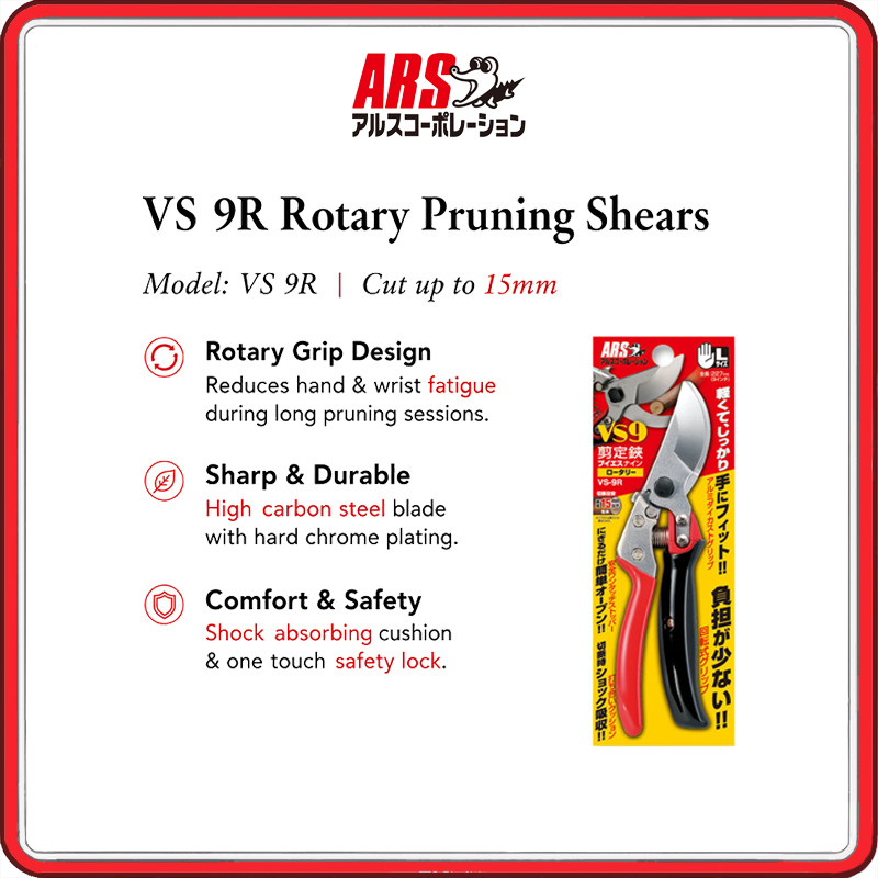 ARS VS Rotary Pruning Shears Series (VS 9R) – Rotary Grip Garden Pruners for Live Branches