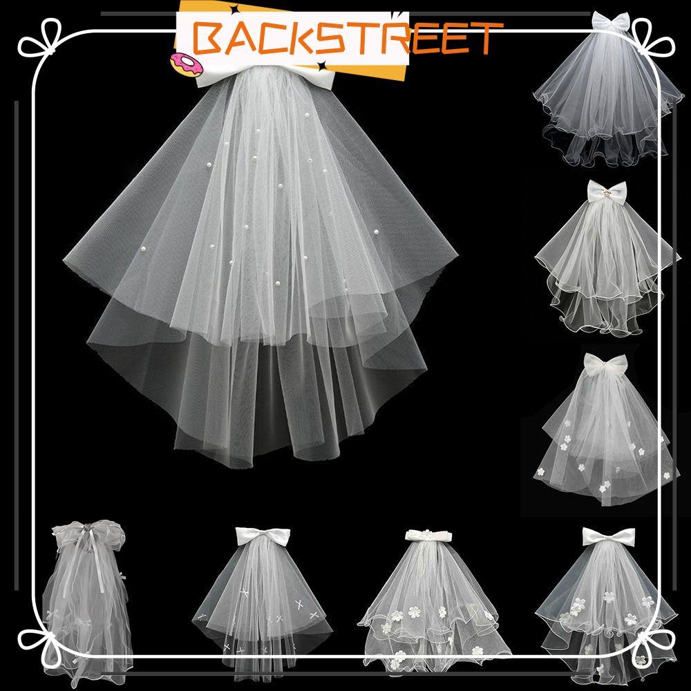 BACKSTAGEREAT ผ้าคลุมหน้าเจ้าสาว, Bow Double Layer Wedding Veil, Lace Edge Puffy White Wedding Acces