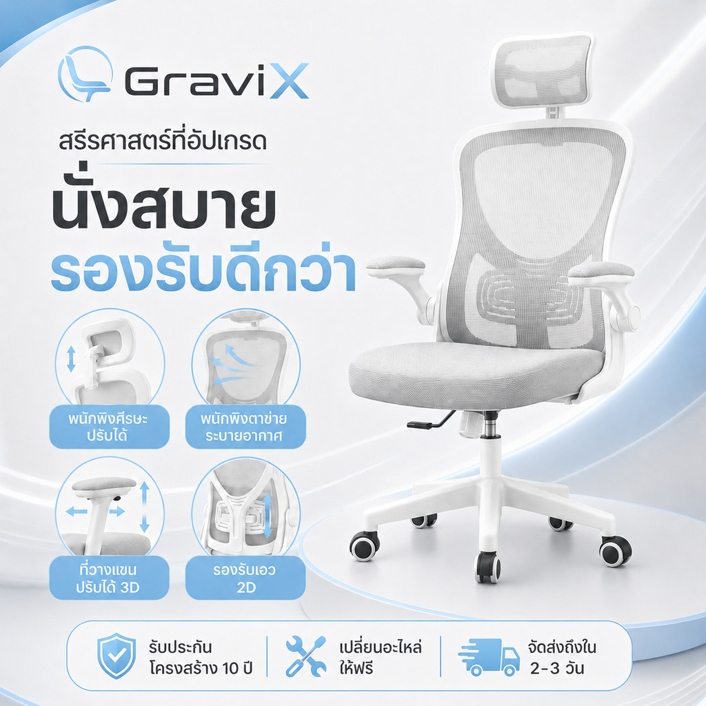 𝐆𝐫𝐚𝐯𝐢𝐗 Ergonomic chair เบาะตาข่าย ระบายอากาศ เก้าอี้ทำงาน สำนักงาน มีล้อลื่น เกมมิ่ง เก้าอี้ทำงาน เก้าอี้
