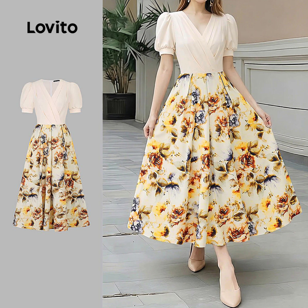 (New Arrival) Lovito เดรสผู้หญิงลายสง่างาม สีตัดกัน เหมาะสําหรับฤดูใบไม้ผลิและฤดูร้อน L198ED602