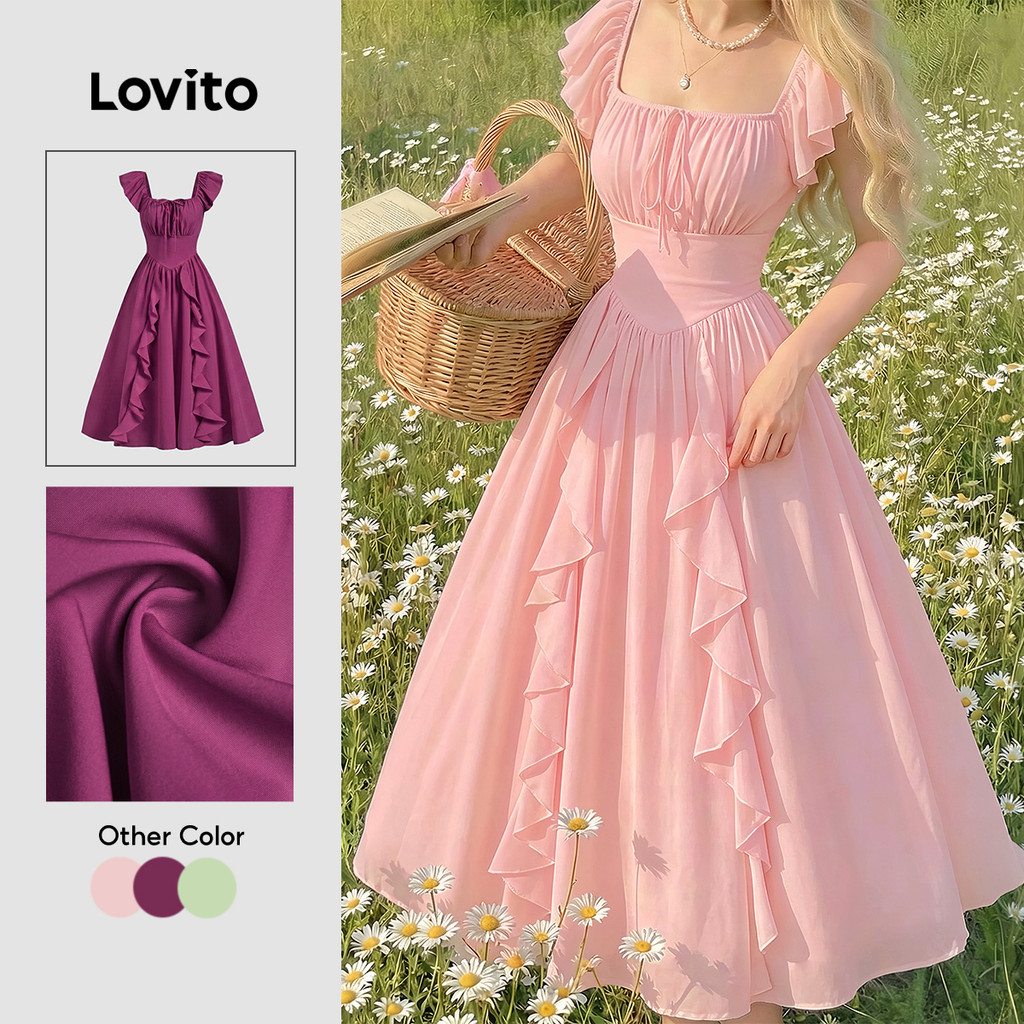(New Arrival) Lovito ชุดเดรสสีชมพูผู้หญิง สีชมพูสดใส เรียบหรูดูดี มีซิปพลีท เหมาะสําหรับฤดูใบไม้ผลิแ