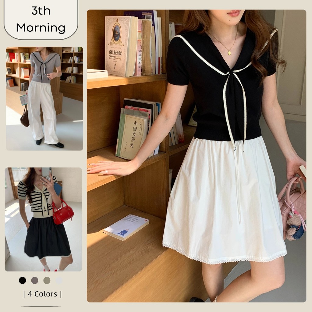 เสื้อสเวตเตอร์แขนสั้นคอปกสีกรมท่า 3th Morning