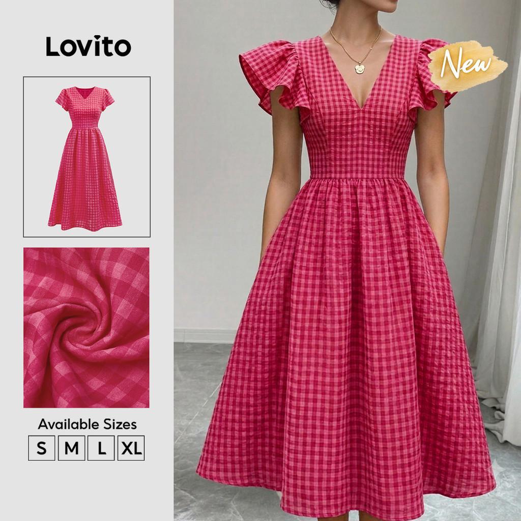 (New Arrival) Lovito เดรสผู้หญิงสีแดงกุหลาบลายตารางกิงแฮม ทรงยาวบาน มีซิป สไตล์สง่างาม คลาสสิกและอเน