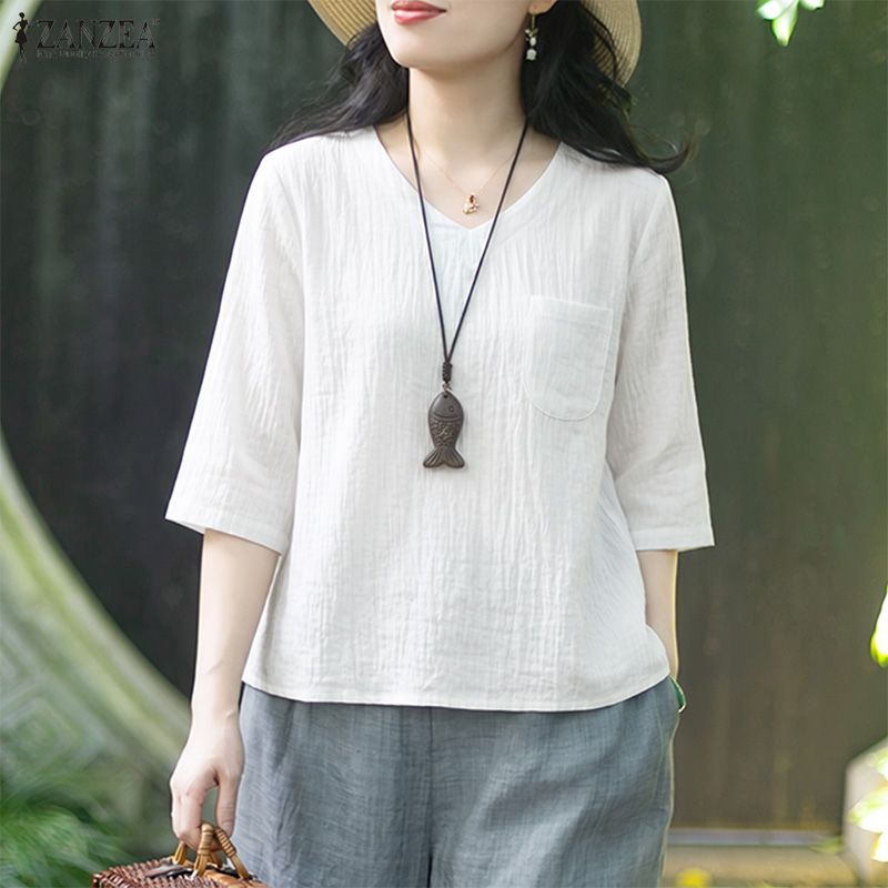 ZANZEA เสื้อเบลาส์เรียบง่ายคอวี 3/4 สําหรับผู้หญิงแฟชั่นเกาหลี — صورة 4