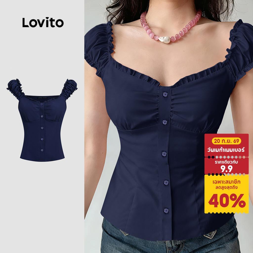 Lovito แคชชวล เสื้อเชิ้ตสุภาพบุรุษแขนยาวแบบเปิดหน้า สำหรับฤดูใบไม้ผลิ/ฤดูร้อน สีน้ำเงินกรมสำหรับผู้หญิง L154LD374