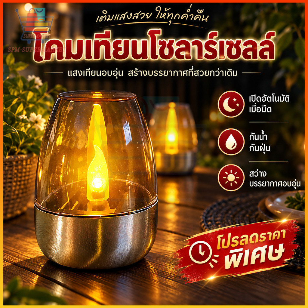 🔥ไฟตั้งโต๊ะโซลาร์เซลล์ ให้แสงสีทองอบอุ่น กันน้ำและฝุ่นได้ระดับกลางแจ้ง เปิดอัตโนมัติ ไฟเทียนโซลาร์เซลล์