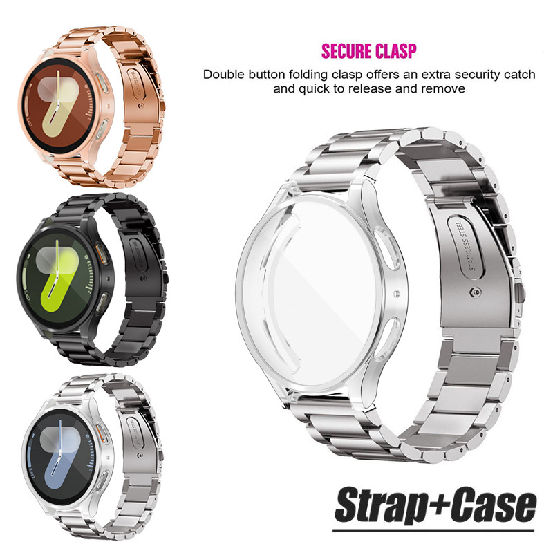 2in1 สายสแตนเลสพร้อมเคสป้องกันหน้าจอสําหรับ Samsung Galaxy Watch 7/6/5/4 40/44 มม. Watch6 Classic 43/47 มม. 5 Pro