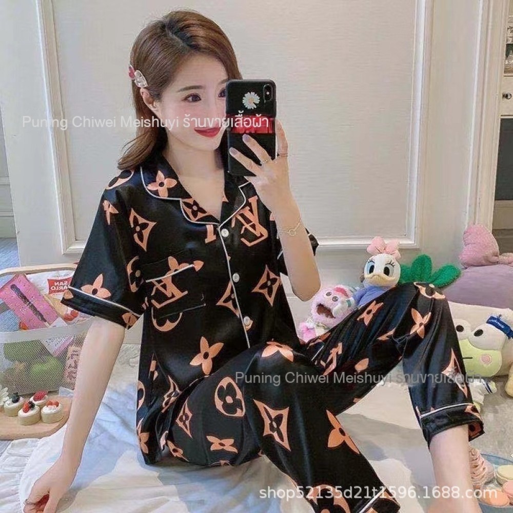 ผ้าไหมเทียมเสื้อสเวตเตอร์ถักชุดนอนสตรีแขนสั้นกางเกงผ้าไหมน้ําแข็งสวมใส่ชุดสั้นยาวเสื้อสเวตเตอร์ถัก 2