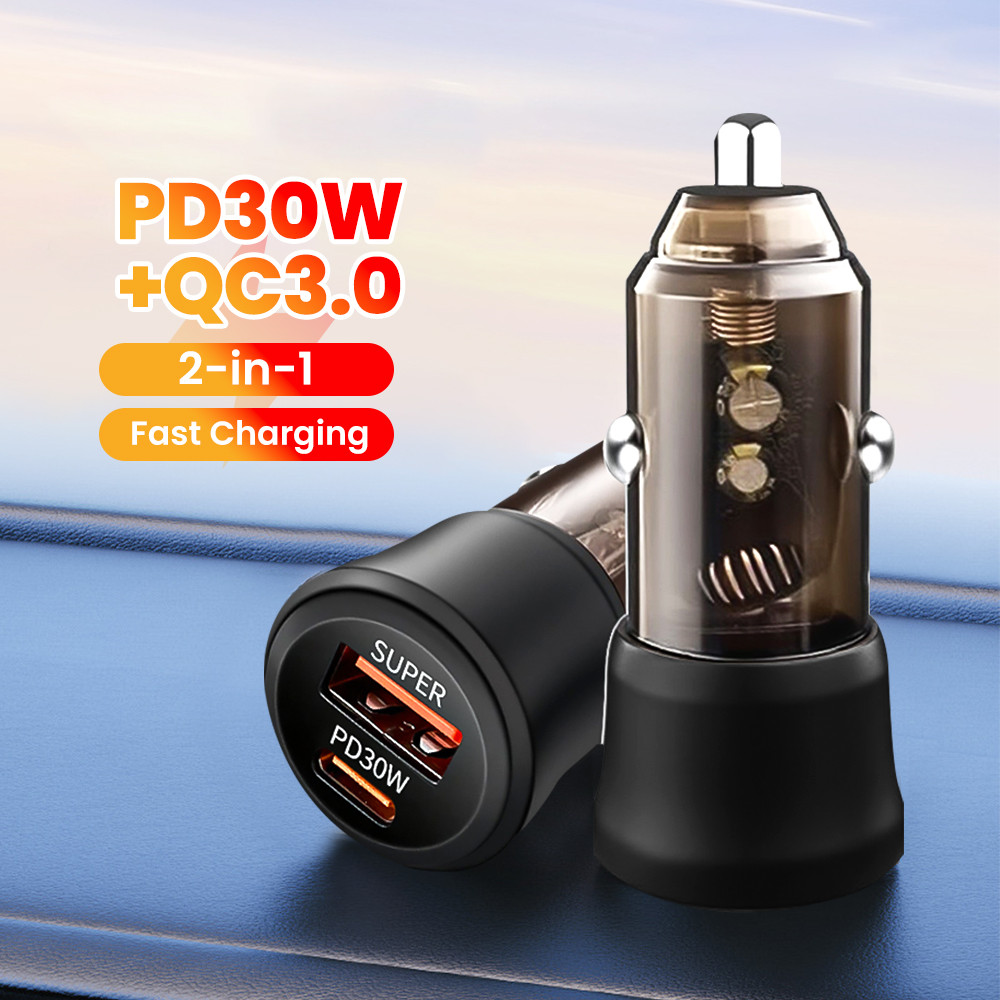 60W USB + PD QC3.0 Fast Charging Car Charger โปร่งใส Quick Charge รถบุหรี่ไฟแช็กสําหรับ Samsung Huaw