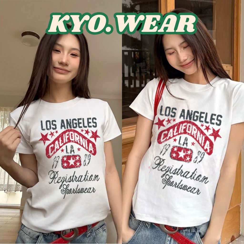 KYO ⭐ เสื้อเกาหลี ผู้หญิง เสื้อยืด "LOS ANGELES" พิมพ์ลาย ผ้าCOTTON โคตรนุ่ม สลิมฟิต เสื้อ rเสื้อทรงซ้อ 💖
