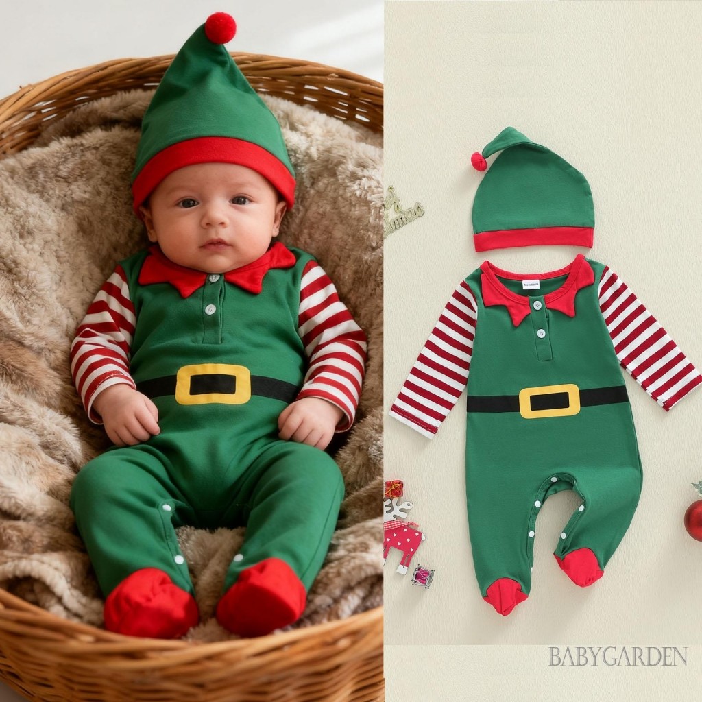 ชุดรอมเปอร์คริสต์มาสทารกแรกเกิด พร้อมหมวกเอลฟ์ สไตล์แขนยาวคอลูกเรือ สีสันสดใส
