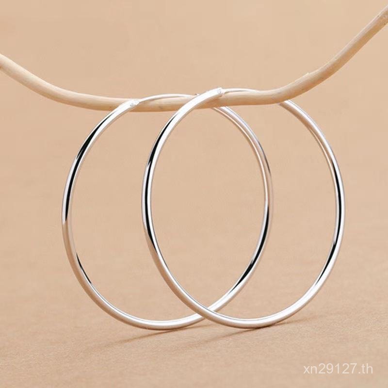 ต่างหูวงกลมเงินบริสุทธิ์ 999 สไตล์เกาหลี ขนาดใหญ่ พื้นผิวมันวาว Shipment W9F1