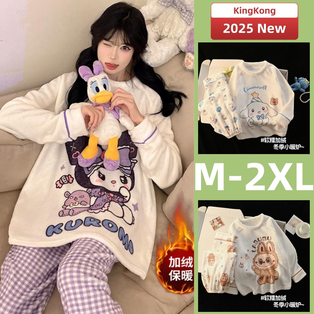 ชุดนอน Flannelette แขนยาวสำหรับผู้หญิง ดีไซน์การ์ตูน ใส่สบาย อุ่นในฤดูหนาว