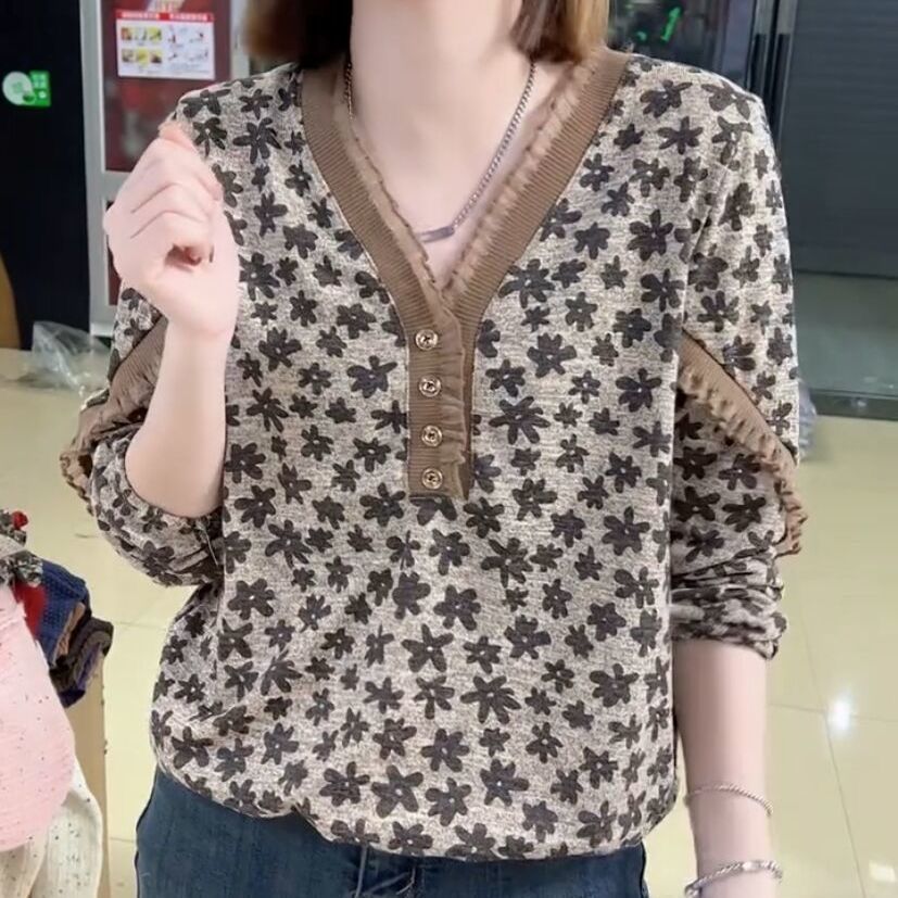 เสื้อยืดแขนยาวลายดอกไม้ ทรงคลายาว สไตล์ใหม่ สำหรับสุภาพสตรี สวมใส่ง่ายและดูดีในทุกวัย