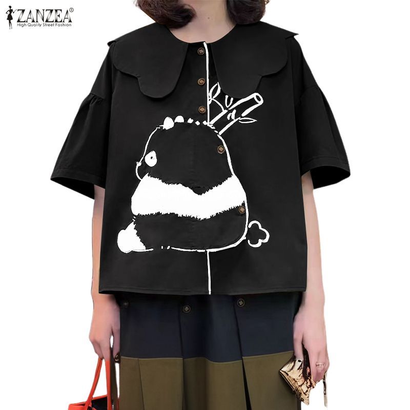 ซานเซีย เสื้อผ้าสไตล์เกาหลีสำหรับผู้หญิง ลายแพนด้ากลางแขน ทรงคล่องตัว