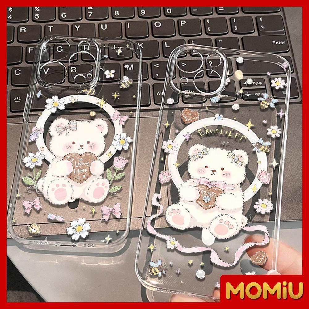 MOMiU - เคสแม่เหล็ก TPU ใสนิ่มคลุมเต็มพื้นที่ เข้ากันได้สำหรับ เคสไอโฟน11 เคส iphone 16 Pro Max หมีน่ารักและดอกไม้