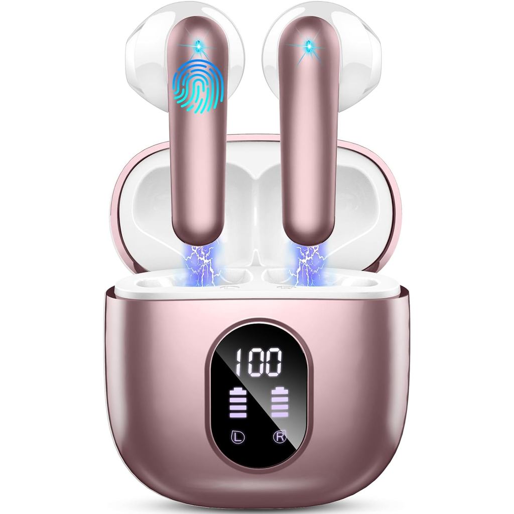 หูฟังไร้สายบลูทูธ 5.3 หูฟัง 50H เวลาเล่นสเตอริโอเบสหู, หูฟังชนิดใส่ในหู 4 ENC Mic จอแสดงผล LED Noise