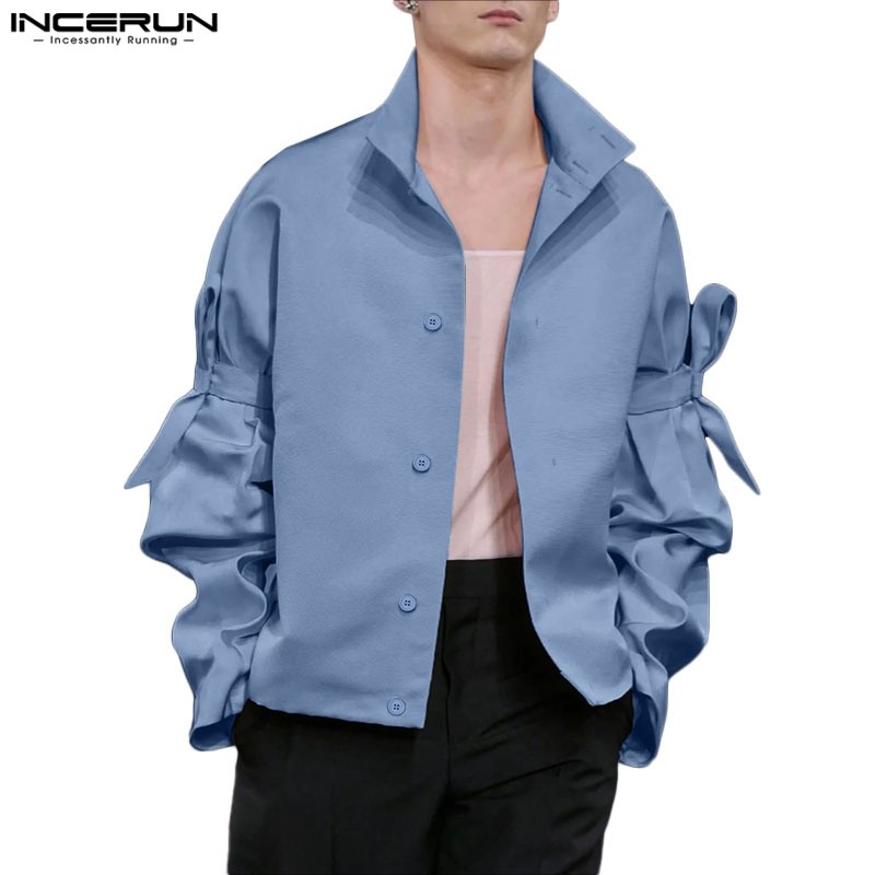 INCERUN ผู้ชายเกาหลี Niche Design Stand Neck แขนยาว Bowknot Design Button Up เสื้อแข็ง ราคา ถูกที่สุด ดีลบีเคเค