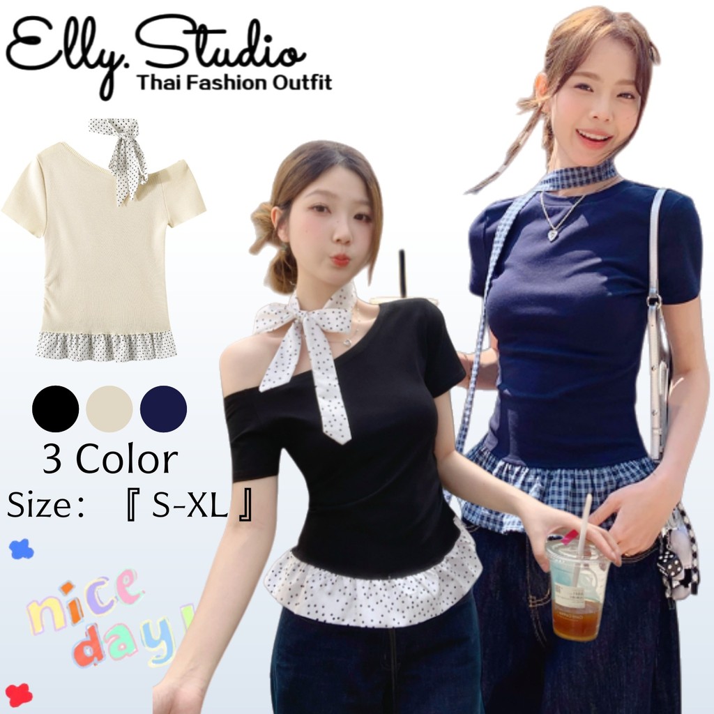 Elly พร้อมส่ง❤️️เสื้อยืนแขนสั้❤️️ดีเทลเย็บชายระบายสายสก๊อต สไตล์เกาหลีสำหรับผู้หญิง CropTop แถมโช้คเกอร์ ผ้าเรยอน