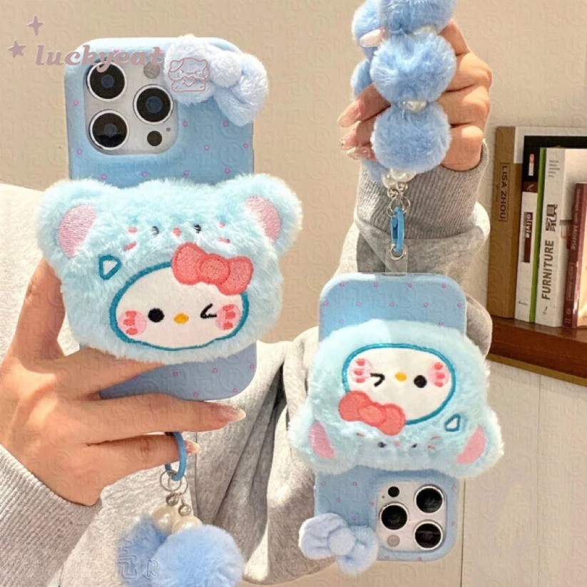 ใช้งานร่วมกับ iPhone 17 16 15 14 13 12 11 Pro Max X Xr Xs Max เคสโทรศัพท์การ์ตูนน่ารัก 3D DIY Blue Bow Wink กระต่าย KT Cat + Lanyard หนังนุ่มปกหลัง