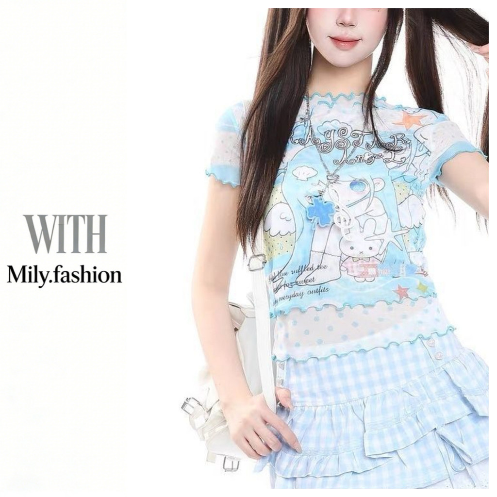 Milyfashion น่ารักการ์ตูนพิมพ์แขนสั้นเสื้อยืดฤดูร้อนสีฟ้า Ruffled Slim-Fit Slimmer ดูลดอายุสั้นด้านบน