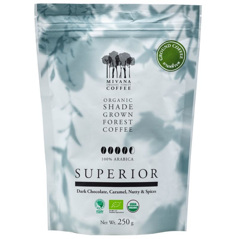 มีวนากาแฟคั่วบดออน์แกนิกอาราบิก้าแท้ 100%ซูพีเรียร์เบลนด์ 250ก Mivana Roasted Superior 250g [บาร์โค้ด 8859171113680]