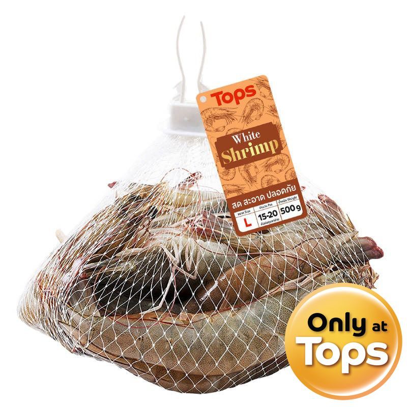 ท็อปส์กุ้งขาวสดถุงตาข่ายไซด์ L 500กรัม Tops White Shrimp Size L 500g. [หมายเลขบาร์โค้ด 8853474084135 ]