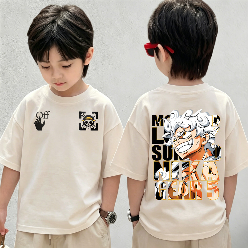LUMI BABY เสื้อยืดเด็ก ผ้าฝ้าย 100% เสื้อเด็กผู้ชาย แฟชั่น One Piece Luffy เสื้อยืดพิมพ์ลาย ไซส์ 90-150 นุ่ม ใส่สบาย