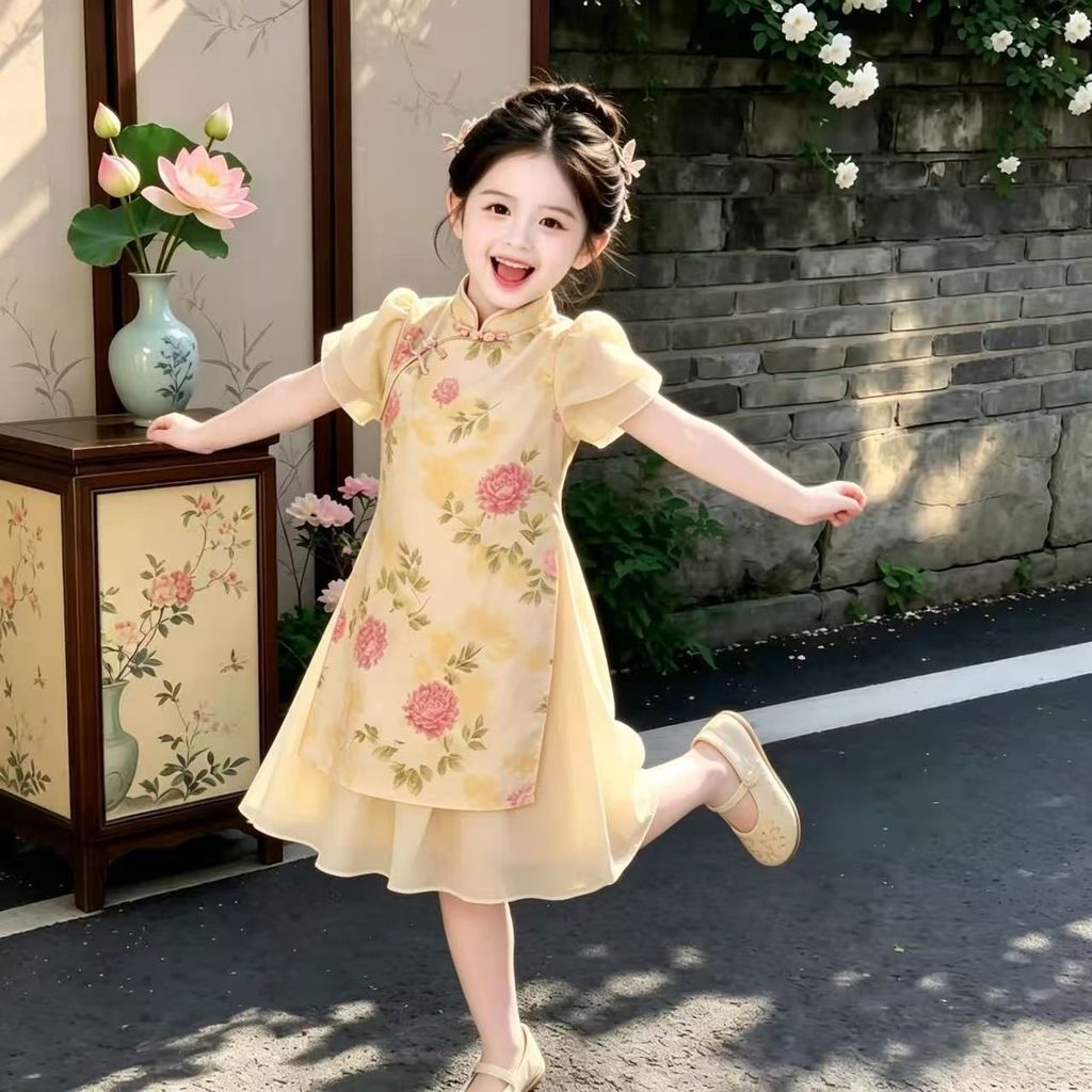 Pippikids-[A380]Pippikids เด็กผู้หญิงใหม่สไตล์จีน Qipao Dress, ดอกไม้พิมพ์พัฟแขนสั้น Cheongsam Layered Dress
